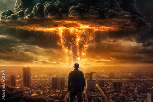 The End of All Things. Man watching the destruction of the world, featuring a giant atomic explosion, emphasizing the need for peace, diplomacy, and international cooperation. Ai generated