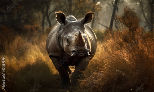 sunset photo of Indian rhinoceros between tall grass. Generative AI