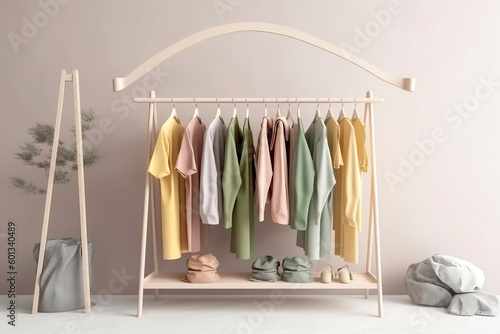 Colourful clothes on clothing rack pastel earth colors. Generative AI