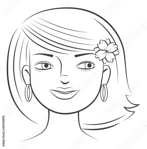 Visage de femme à colorier, dessin au trait noir, coiffure avec frange et fleur dans les cheveux, personnage féminin pour coloriage mode et beauté 