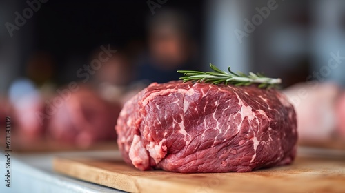 Fresh raw marbled beef meat on wooden cutting board. Illustration of Black Angus tenderloin. Banner with copy space. AI generative image.