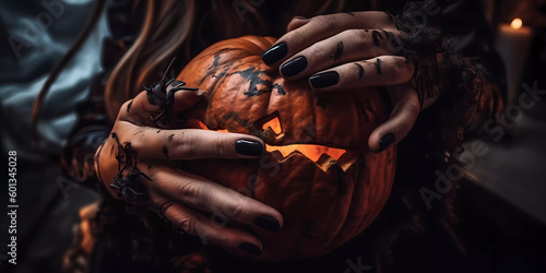 Scary hands with black fingernails holding a jack-o'-lantern