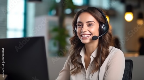 Portrait of a woman working in customer service at a call center. Generative AI.