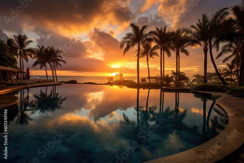 Secluded Paradise: Opulent Infinity Pool at a Five-Star Resort Amidst Tropical Foliage at Sunset