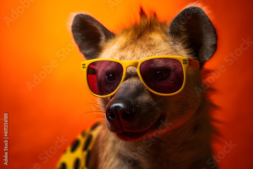Funny hyena wearing sunglasses in studio with a colorful and bright background. Generative AI