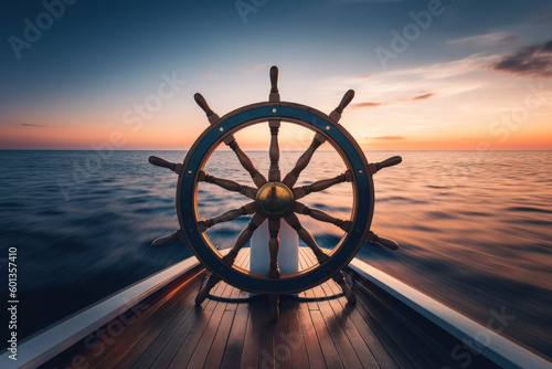 ship wheel on boat with sea and sky. freedom and adventure. direction concept. generative ai