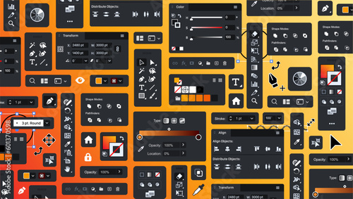 Background of vector processing tools. Tool Blocks. Graphic editor. Designer UX UI bg. Set of icon panels and tools for designers. Set of design theme items. Buttons and icons. Toolbar