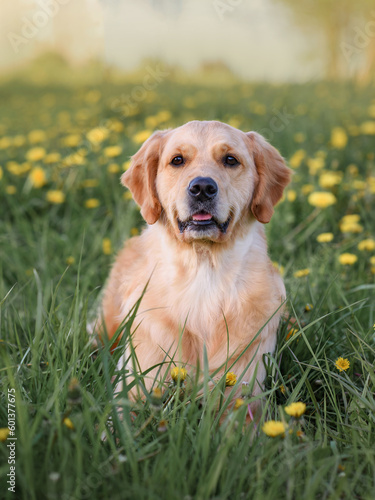 Beautiful dog golden retriever labrador sits in the grass with dandelions yellow flowers in the spring on a walk