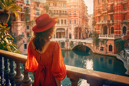 The beautiful tourist young woman taking pictures in the wonderful and cozy European cities .