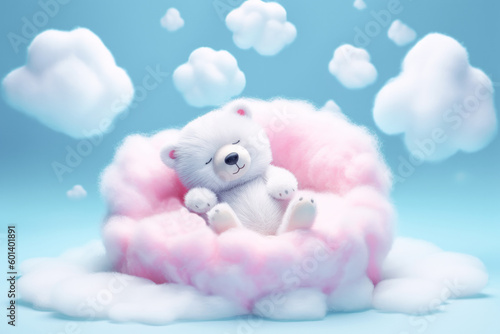 Lindo oso de peluche durmiendo en una nube rosa sobre fondo de cielo azul. Illustracion de IA generativa