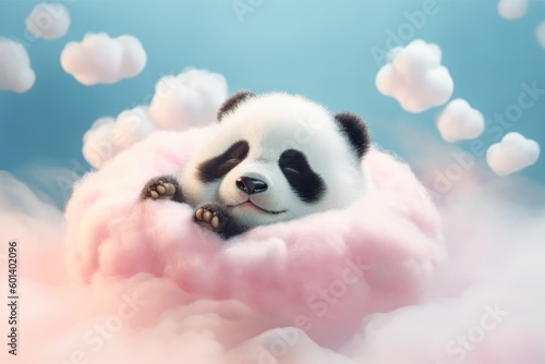 Lindo oso panda de peluche de dibujos animados, durmiendo en una nube rosa sobre fondo de cielo azul. Concepto celebraciones, baby shower, bautizo, comunión, nacimiento, cumpleaños