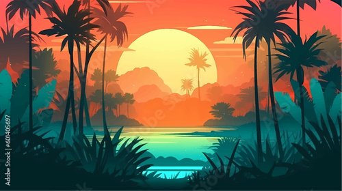 Tropical beach with palm trees, sunrise and sunset sky. Romantic background.