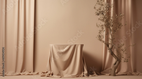 Podium 3D beige, avec fond orné d'un drapé beige, crème, rose pâle et un arbre fleuri en décoration sur le côté. Conception graphique pour produit cosmétique, luxe