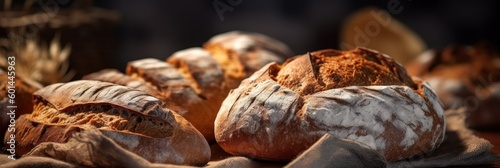 Freshly baked bread loaves variety on bakery shelf, close up. Generative AI
