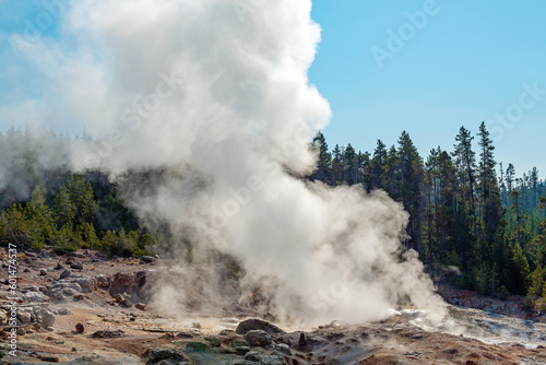 Steamboat geyser steam, Yellowstone national park, Wyoming, USA.