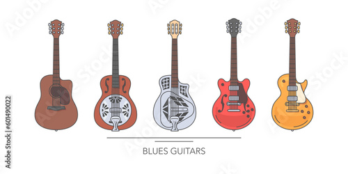 Blues guitar set. Outline colorful guitars on white background. Vector illustration.