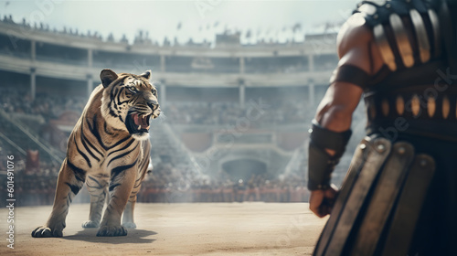 Tiger against gladiator in the Colosseum.