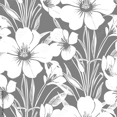 white seamless abstract pattern of large flowers on a gray background, texture, design