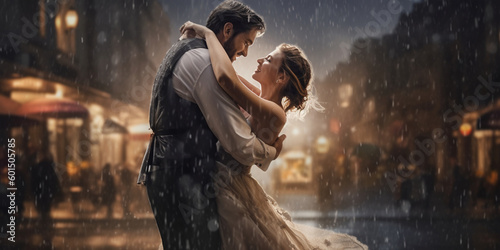 Couple kissing in the rain. AI generated