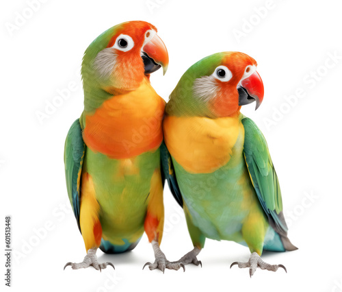 two cute green and red / orange lovebirds standing clowe to each other curiously looking in the same direction expecting something to come, isolated tropical or pet macaw parrot element, generative AI
