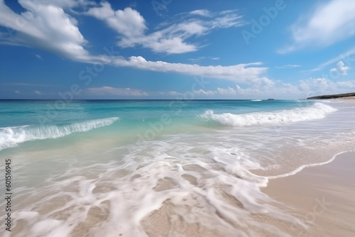 Beautiful sand beach with blue ocean. Generative AI illustration