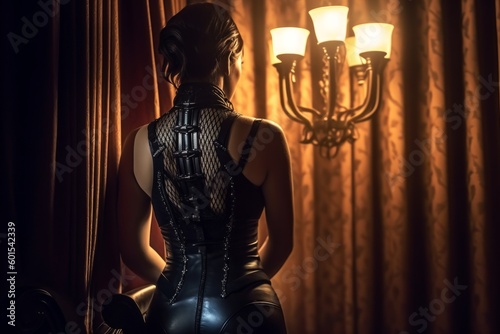 A gorgeous kink model wearing a latex bustier for a photo shoot in a hotel room. Generative AI