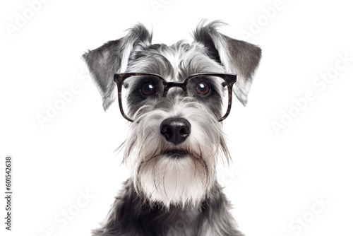 a schnauzer with small square glasses looking pleased isolated on a transparent background, generative ai