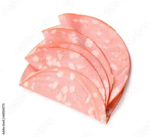 Slices of tasty boiled sausage on white background