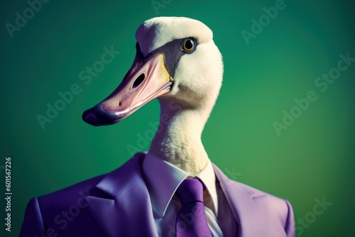 Anthropomorphic swan dressed in a suit like a businessman. Business Concept. AI generated, human enhanced