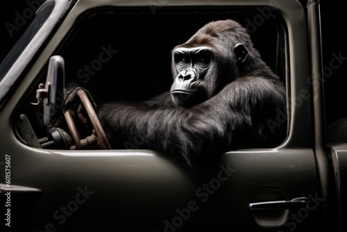 a gorilla driving a car