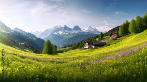 Beautiful summer landscape with alpine meadows and village, Generative AI
