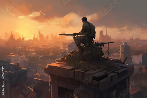 Illustration of A standby soldier on a rooftop, operating a heavy machine gun, Generative AI