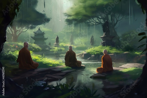 Illustration of A group of monks meditating in a serene garden, Generative AI