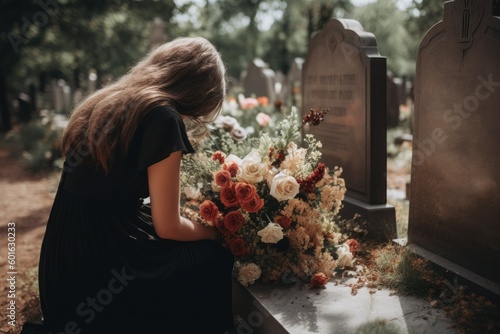 A young girl in a black dress with bouquets in her hands kneels at a granite tombstone and cries. Mourning for a loved one. Generative AI