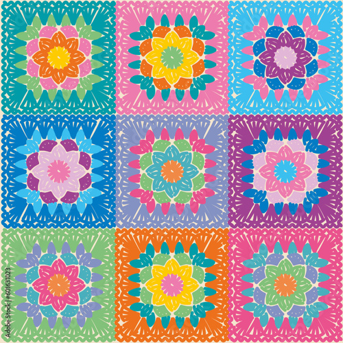 Granny square pattern. Multicolor crochet flowers. Vector illustration file.