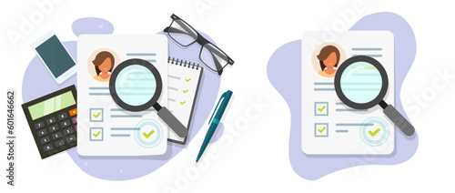 Human resources recruit manage job research vector icon graphic illustration flat design, candidate search personal employee information, customer info data research audit clipart image