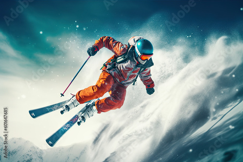 Adrenaline rush - Skier jumping and skiing down the mountain in extreme winter sports. created with Generative AI