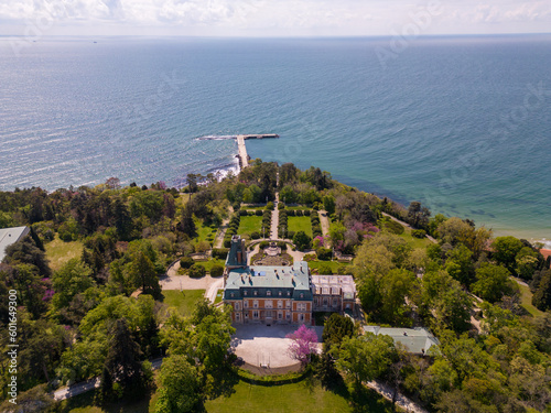 Aerial view of the historic Euxinograd palace in Varna, Bulgaria. Admire the grand architecture and lush gardens of this magnificent estate, situated along the beautiful Black Sea coast.