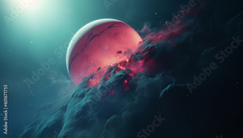 An alien planet floats in cosmic space, bathed in a fantastic orange glow. This game concept art captures the nebulous galaxy, futuristic exploration, abstract science of the universe. Generative AI.