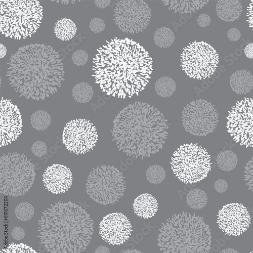 Vector white silver white and grey pom poms chaotic irregular, boho style seamless contrasting repeating pattern perfect for fabric, textile projects, paper projects, winter vector pattern. Abstract.