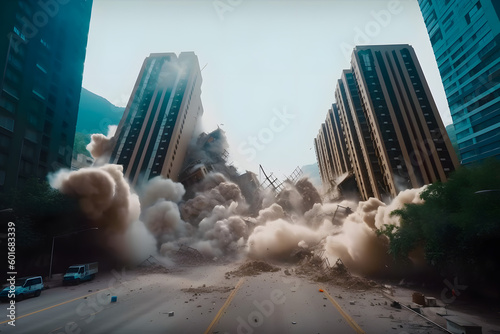 Old building demolition by controlled implosion using explosives aftermath. Generative AI.