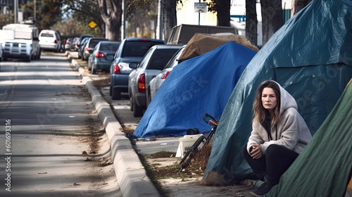 Lonely homeless woman living among road in tent, dirty tramp was deceived by fraudsters estate agents and lost his housing, sad homeless vagrant woman lives on street in tent, generative AI