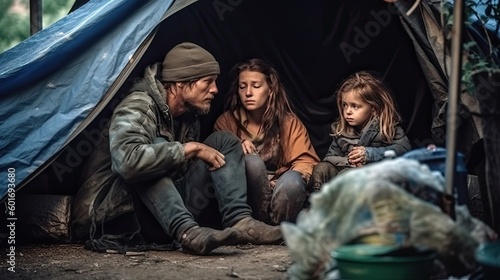 Lonely homeless family living under bridge in tent, dirty tramps was deceived by fraudsters estate agents and lost his housing, sad homeless vagrant family lives on street in tent, generative AI