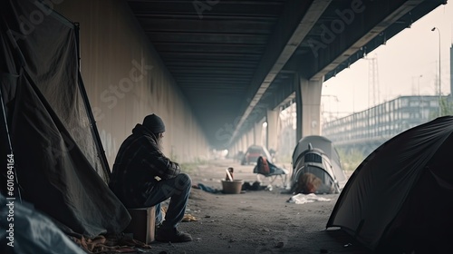 Lonely homeless man living under bridge in tent, dirty tramp was deceived by fraudsters estate agents and lost his housing, sad homeless vagrant man lives on street in tent, generative AI