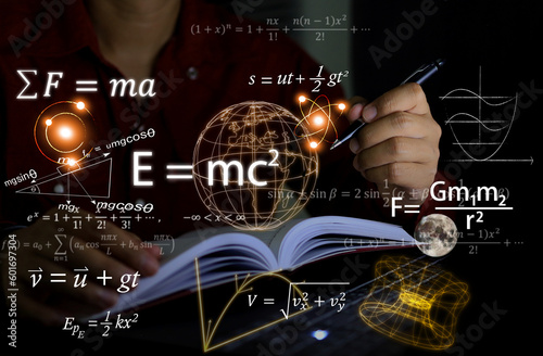 Physics equations floating in the background, hands writing in notebooks on work tables, representing the learning teaching or scientific notes of Albert Einstein and Sir Isaac Newton or physics all