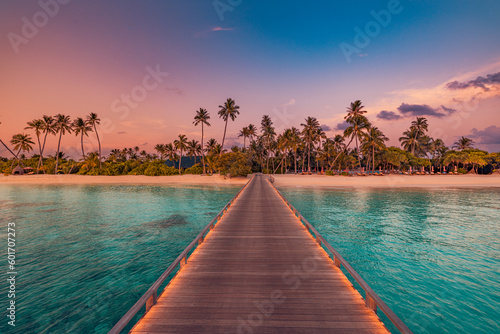 Amazing sunset panorama at Maldives. Luxury resort villas seascape with soft led lights under colorful sky. Beautiful twilight sky and colorful clouds. Beautiful beach background for vacation holiday 
