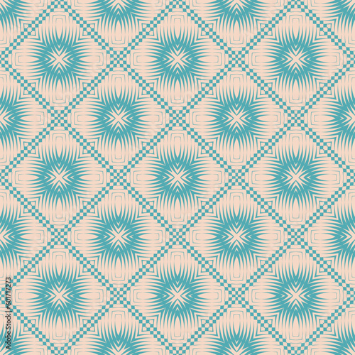Vector geometric burst background. Turquoise and beige seamless pattern with optical illusion effect. Abstract checkered ornament texture. Retro style pattern. Repeat geo design for decor, print, wrap