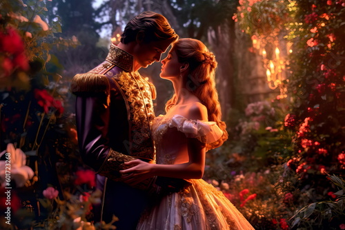 prince and a princess sharing a kiss in a magical garden. Generative AI