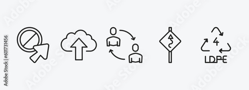 user interface outline icons set. user interface icons such as forbidden cursor, cloud upload, exchange personel, curvy road ahead, 4 ldpe vector. can be used web and mobile.