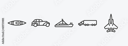 transportation outline icons set. transportation icons such as kayak, jalopy, pt boat, eighteen-wheeler, army airplane vector. can be used web and mobile.